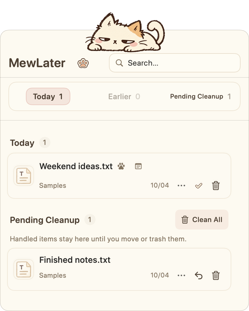 MewLater Inbox with fictional sample files